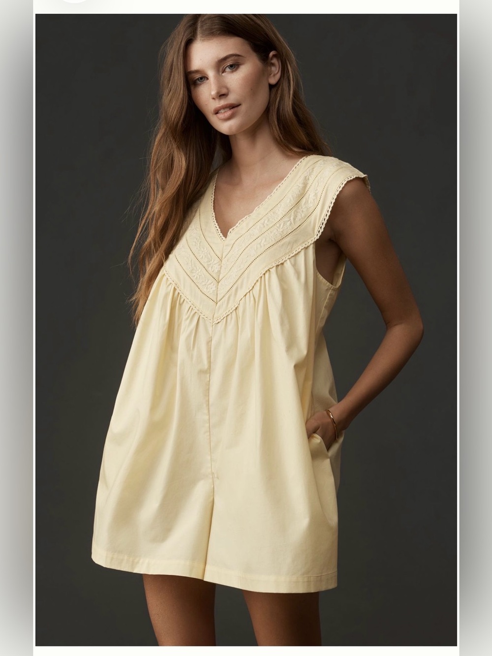 NWT Anthropologie Sleeveless V-Neck Cotton Yoke Romper in Pale Yellow XS